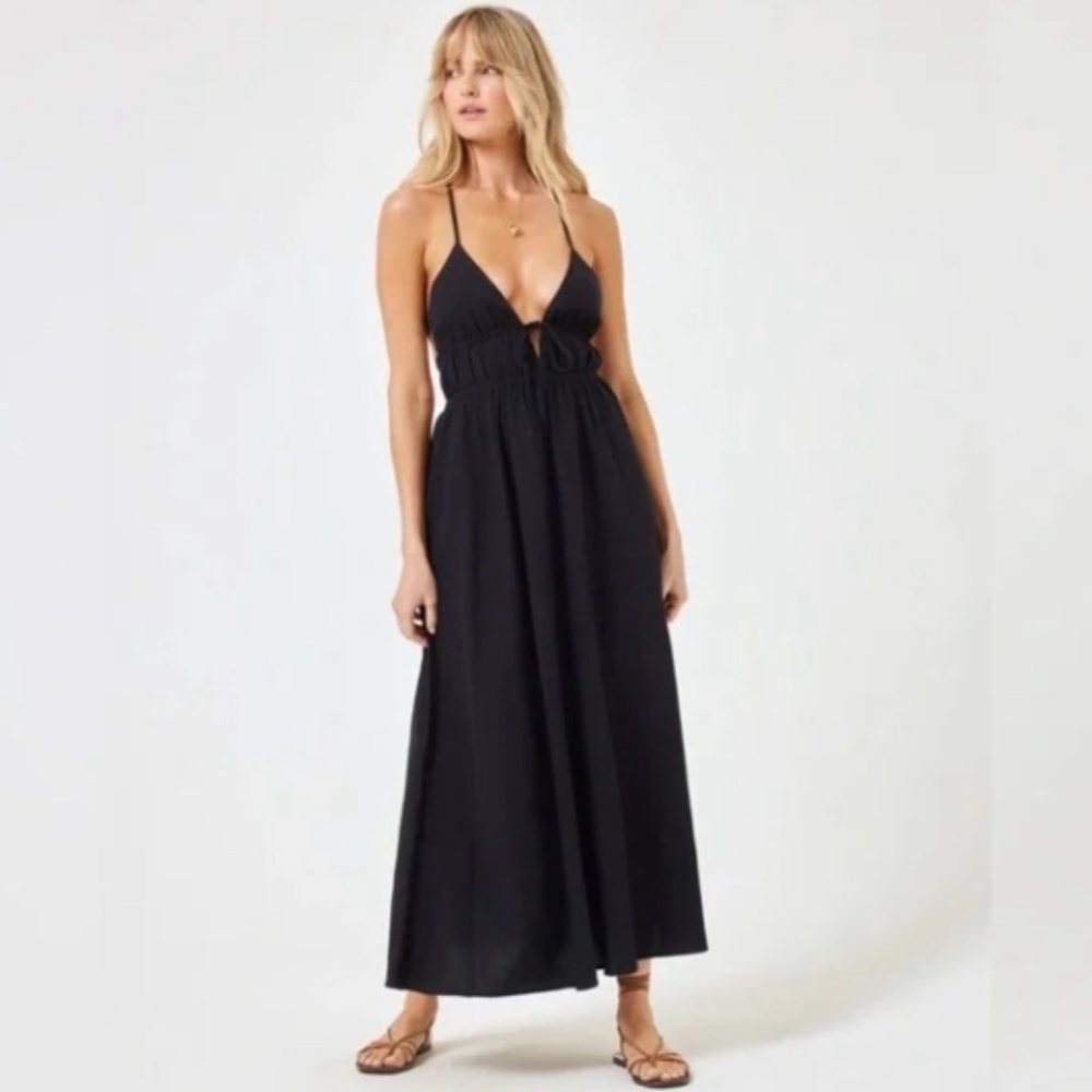 L*Space Playa Vista Open Crossback Linen Blend Midi Dress Black Size M - NWT - Picture 2 of 8